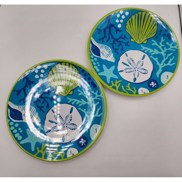Sea Life Melamine 10.5" Dinner Plates Set of 6 Starfish Shells Coral Beach Pool - Picture 7 of 11